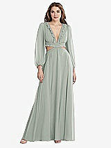 Front View Thumbnail - Willow Green Bishop Sleeve Ruffled Chiffon Cutout Maxi Dress - Harlow