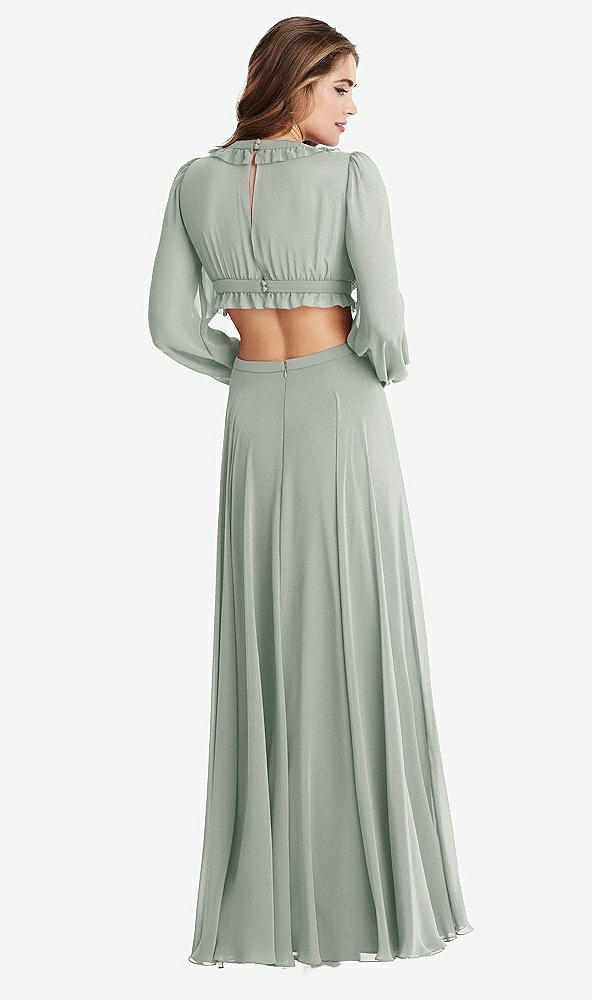 Back View - Willow Green Bishop Sleeve Ruffled Chiffon Cutout Maxi Dress - Harlow