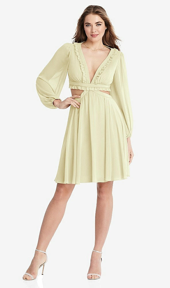 Front View - Butter Yellow Bishop Sleeve Ruffled Chiffon Cutout Mini Dress - Hannah