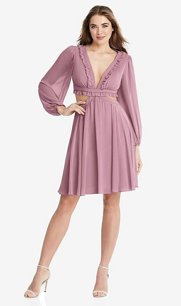 Front View - Dusty Pink Bishop Sleeve Ruffled Chiffon Cutout Mini Dress - Hannah