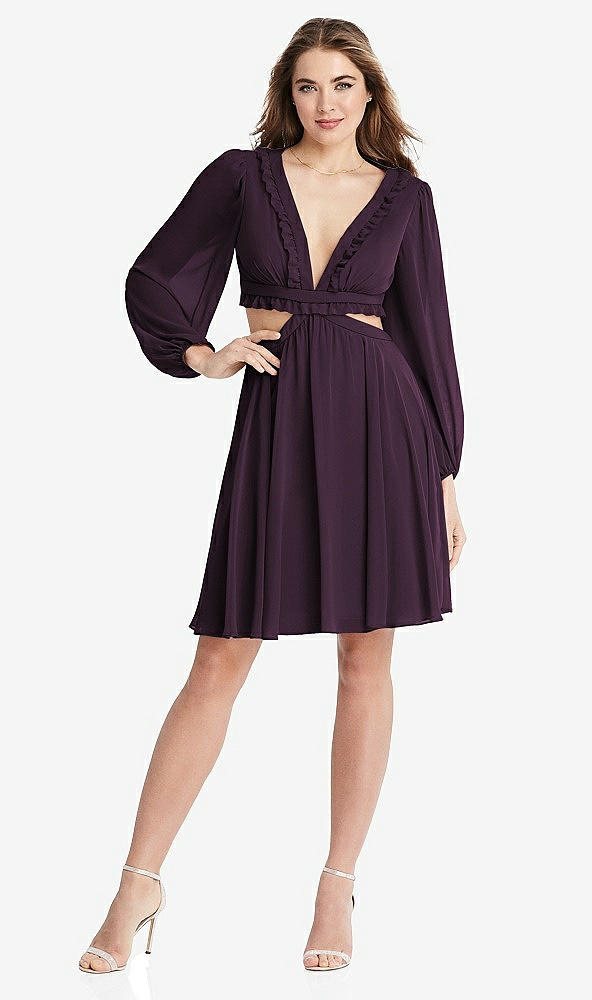 Front View - Aubergine Bishop Sleeve Ruffled Chiffon Cutout Mini Dress - Hannah