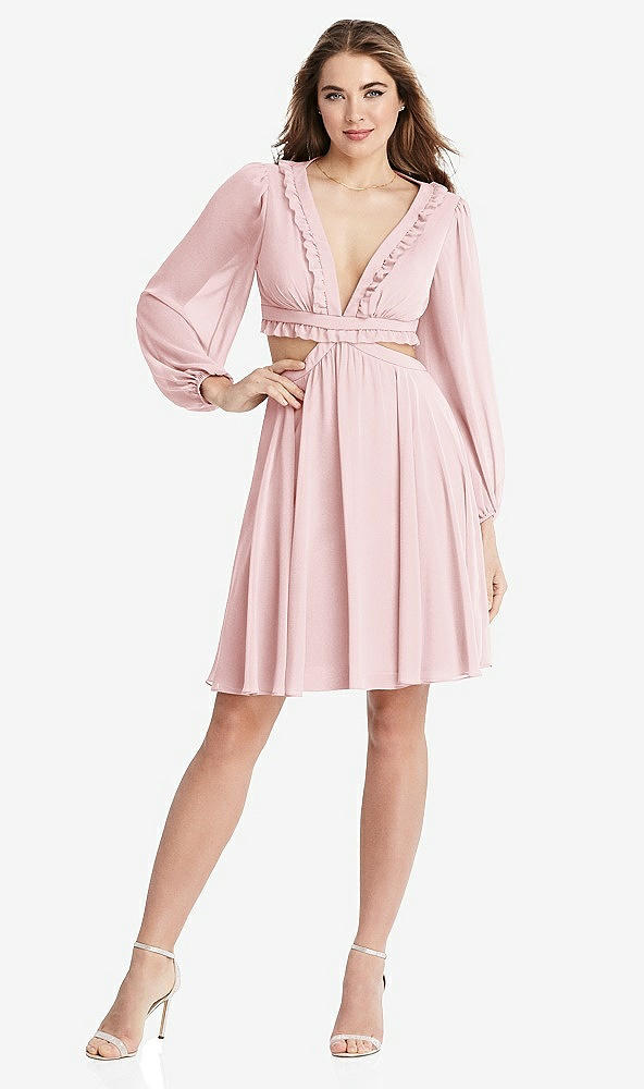 Front View - Ballet Pink Bishop Sleeve Ruffled Chiffon Cutout Mini Dress - Hannah