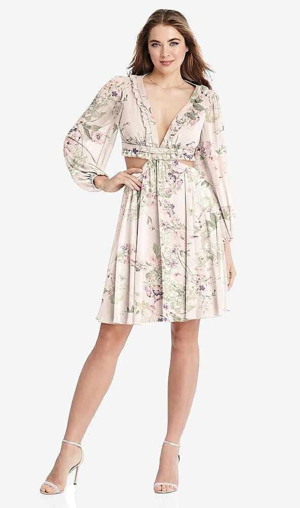 Front View - Blush Garden Bishop Sleeve Ruffled Chiffon Cutout Mini Dress - Hannah