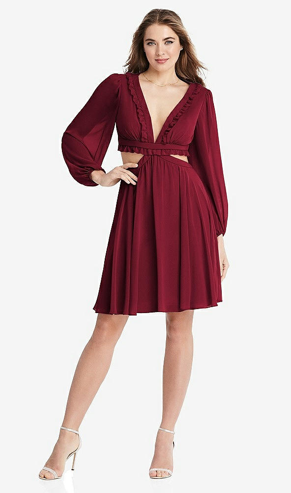 Front View - Burgundy Bishop Sleeve Ruffled Chiffon Cutout Mini Dress - Hannah