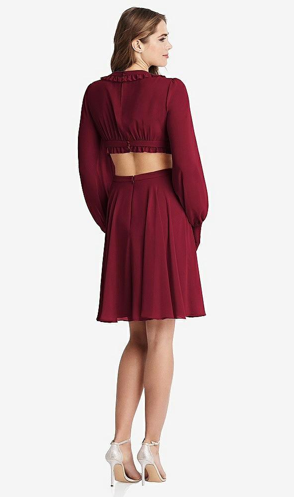 Back View - Burgundy Bishop Sleeve Ruffled Chiffon Cutout Mini Dress - Hannah