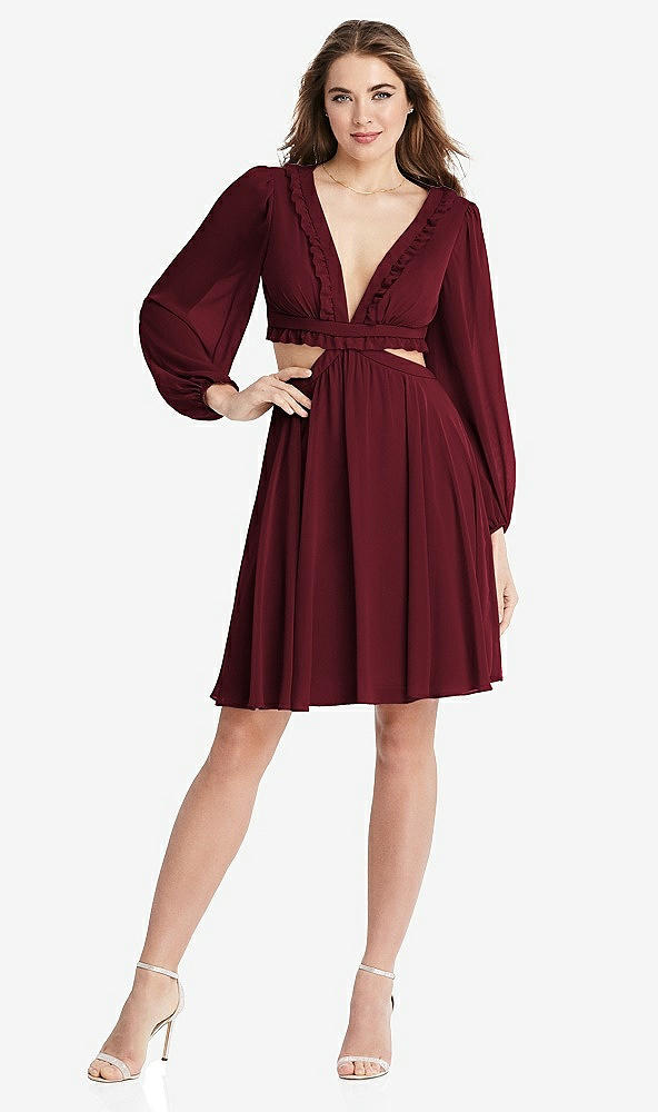 Front View - Cabernet Bishop Sleeve Ruffled Chiffon Cutout Mini Dress - Hannah