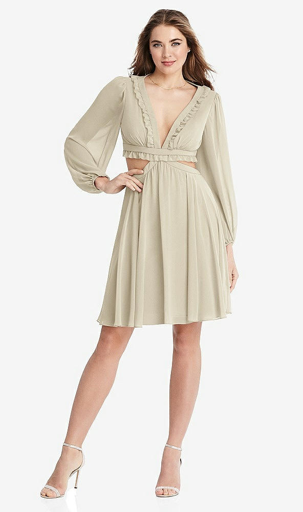 Front View - Champagne Bishop Sleeve Ruffled Chiffon Cutout Mini Dress - Hannah