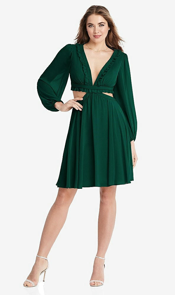 Front View - Hunter Green Bishop Sleeve Ruffled Chiffon Cutout Mini Dress - Hannah