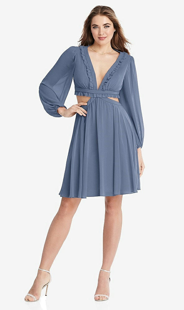 Front View - Larkspur Blue Bishop Sleeve Ruffled Chiffon Cutout Mini Dress - Hannah