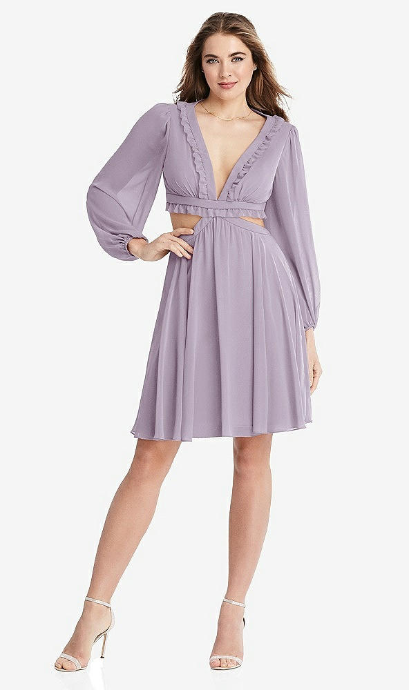 Front View - Lilac Haze Bishop Sleeve Ruffled Chiffon Cutout Mini Dress - Hannah