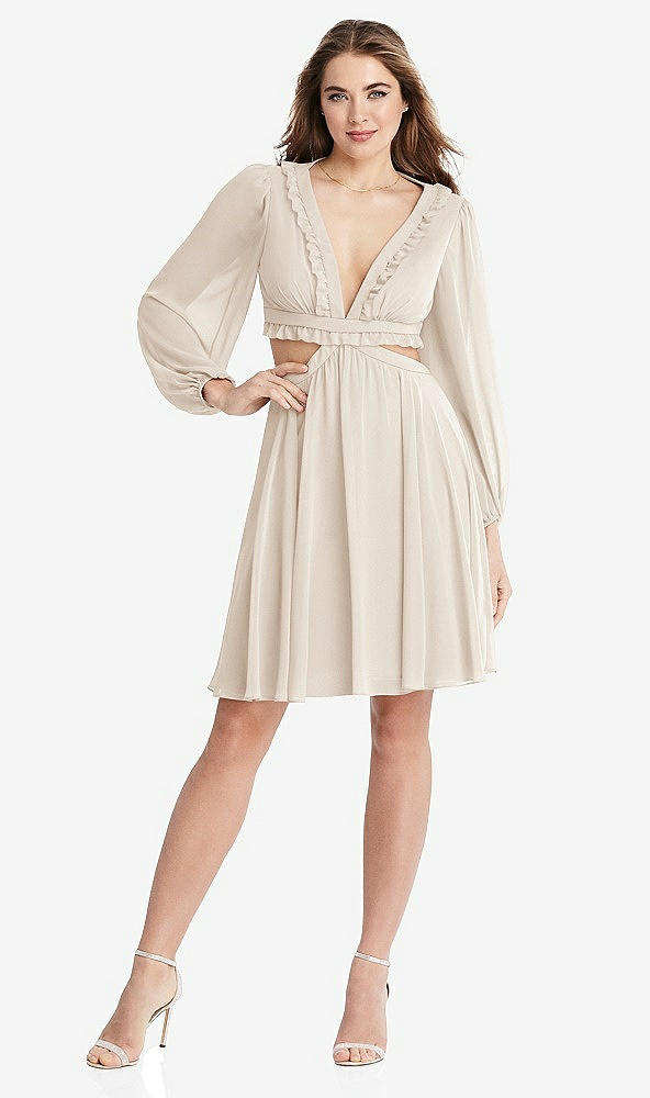 Front View - Oat Bishop Sleeve Ruffled Chiffon Cutout Mini Dress - Hannah