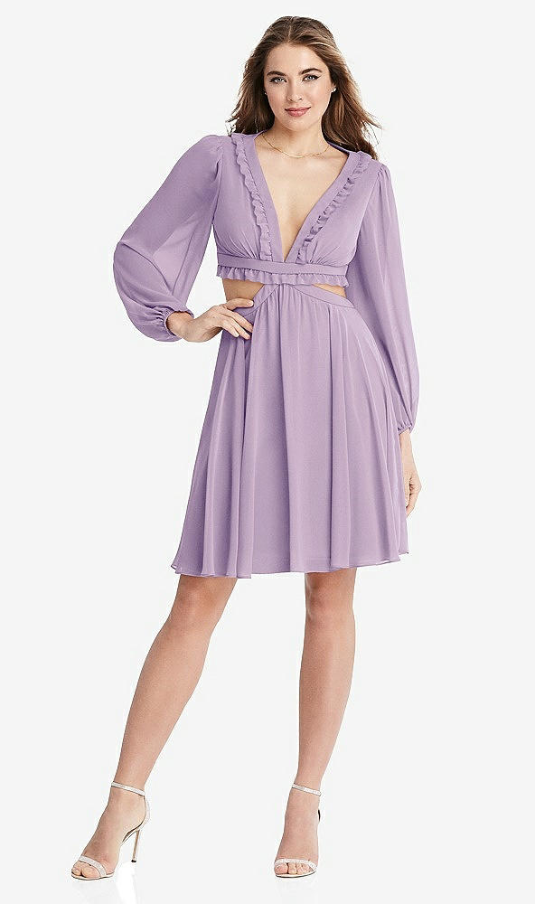 Front View - Pale Purple Bishop Sleeve Ruffled Chiffon Cutout Mini Dress - Hannah