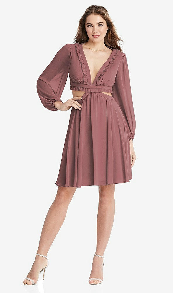 Front View - Rosewood Bishop Sleeve Ruffled Chiffon Cutout Mini Dress - Hannah