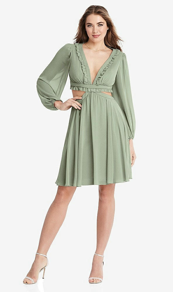 Front View - Sage Bishop Sleeve Ruffled Chiffon Cutout Mini Dress - Hannah