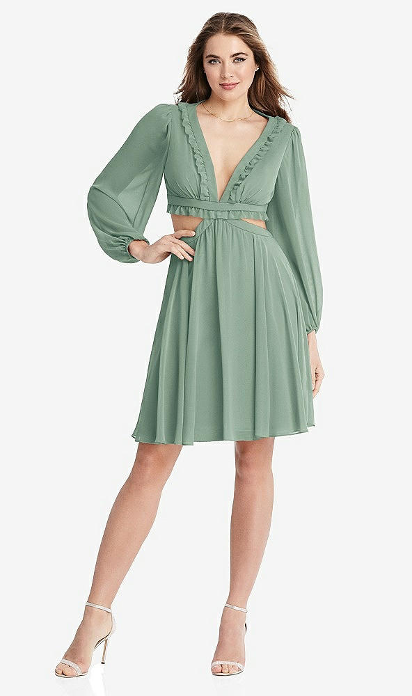 Front View - Seagrass Bishop Sleeve Ruffled Chiffon Cutout Mini Dress - Hannah