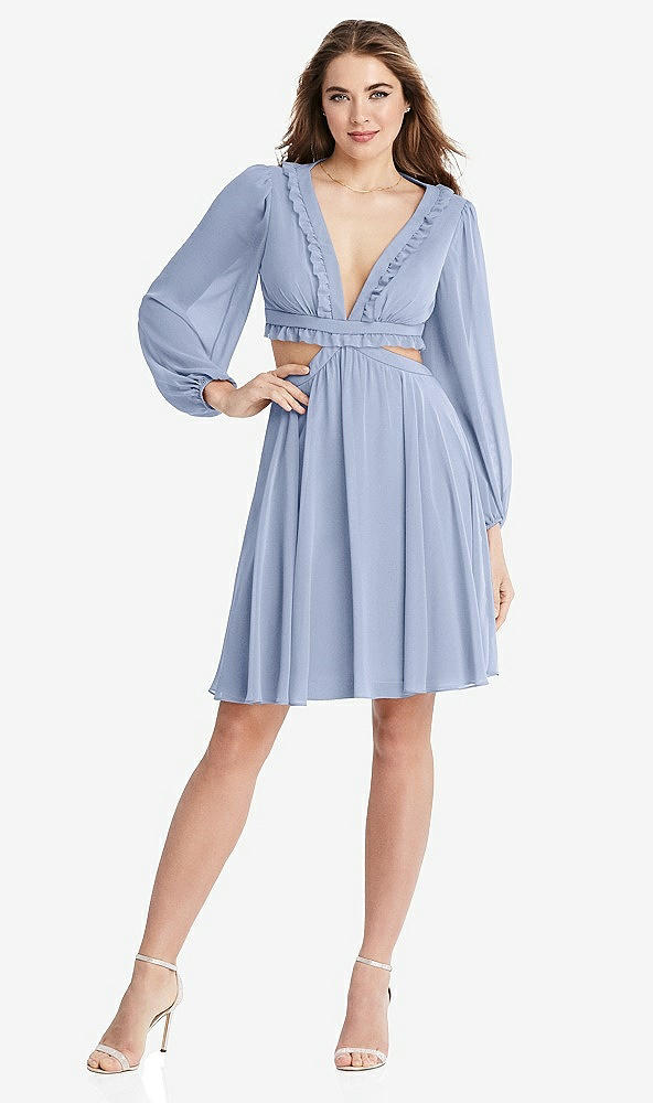 Front View - Sky Blue Bishop Sleeve Ruffled Chiffon Cutout Mini Dress - Hannah