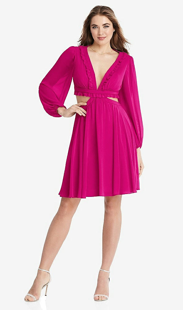 Front View - Think Pink Bishop Sleeve Ruffled Chiffon Cutout Mini Dress - Hannah