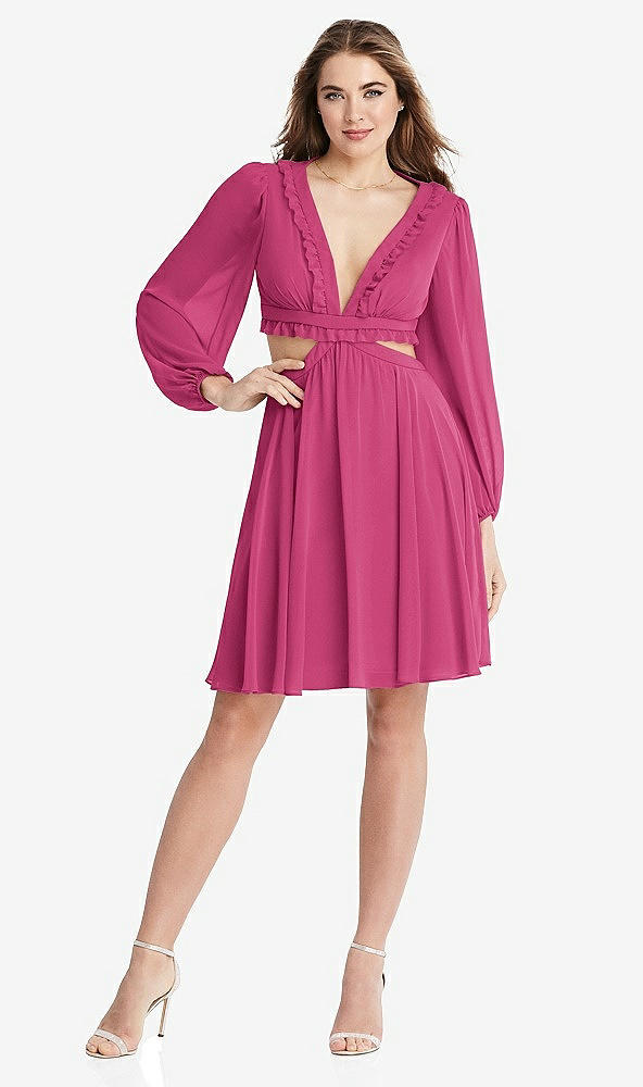 Front View - Tea Rose Bishop Sleeve Ruffled Chiffon Cutout Mini Dress - Hannah
