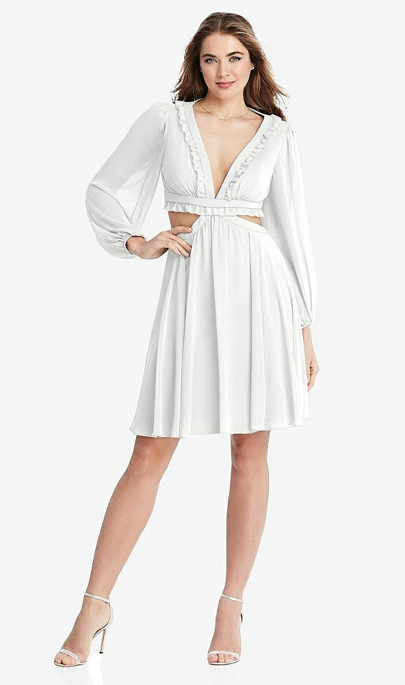 Front View - White Bishop Sleeve Ruffled Chiffon Cutout Mini Dress - Hannah