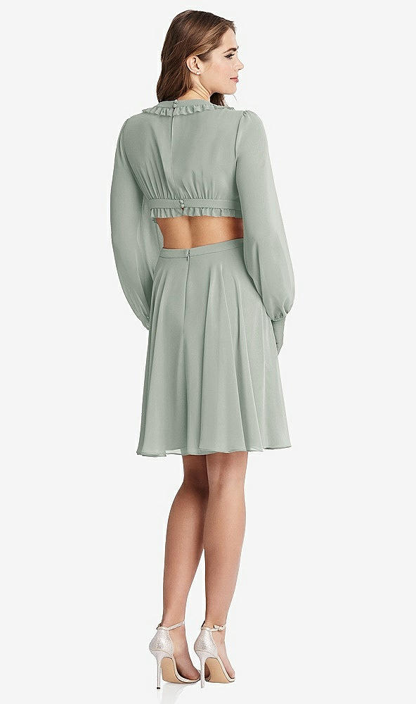 Back View - Willow Green Bishop Sleeve Ruffled Chiffon Cutout Mini Dress - Hannah