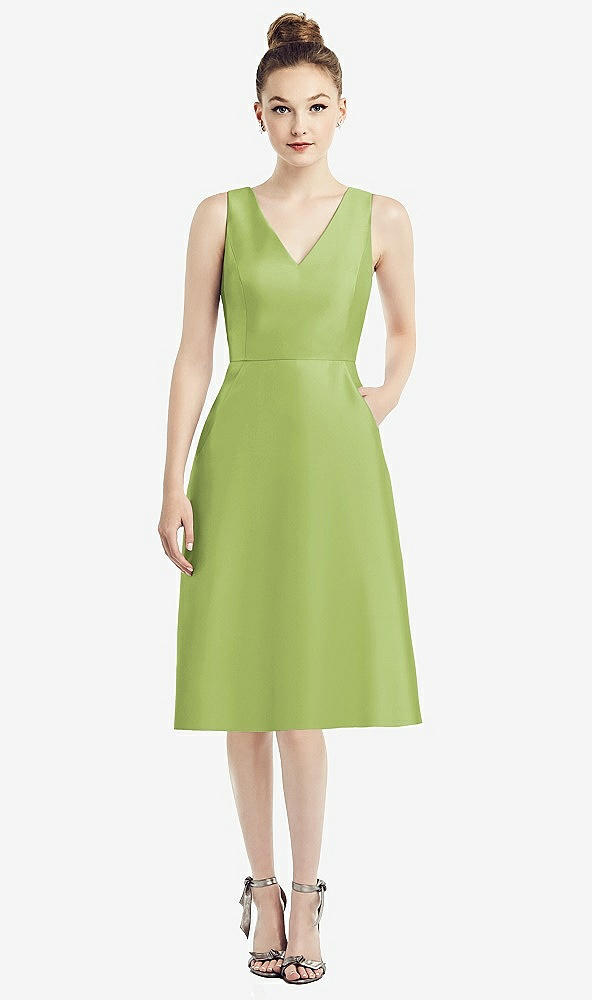 Front View - Mojito Sleeveless V-Neck Satin Midi Dress with Pockets