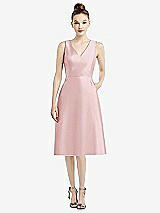 Front View Thumbnail - Ballet Pink Sleeveless V-Neck Satin Midi Dress with Pockets