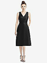Front View Thumbnail - Black Sleeveless V-Neck Satin Midi Dress with Pockets