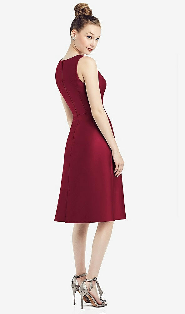 Back View - Burgundy Sleeveless V-Neck Satin Midi Dress with Pockets