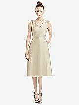 Front View Thumbnail - Champagne Sleeveless V-Neck Satin Midi Dress with Pockets