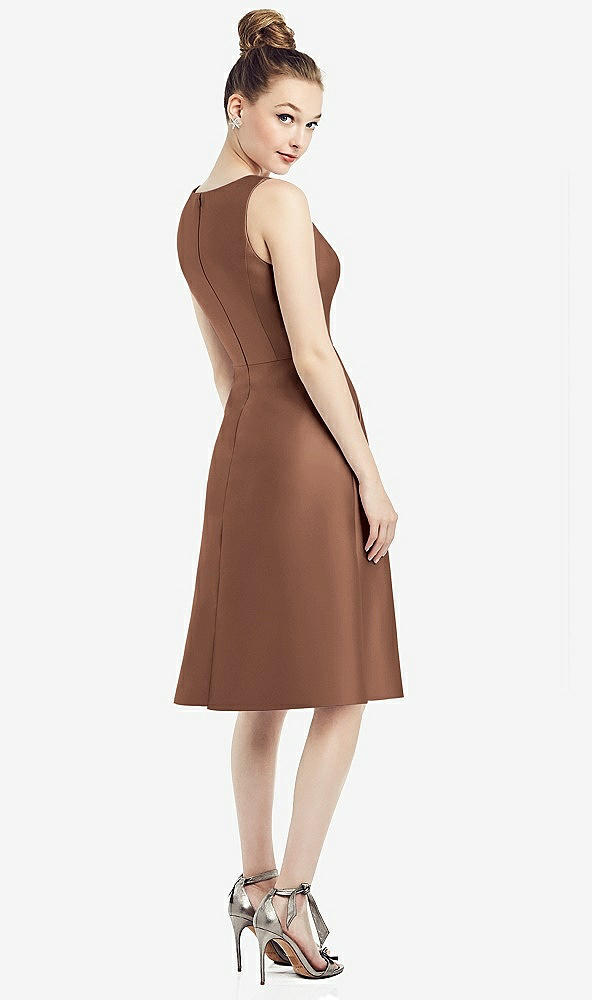 Back View - Cognac Sleeveless V-Neck Satin Midi Dress with Pockets