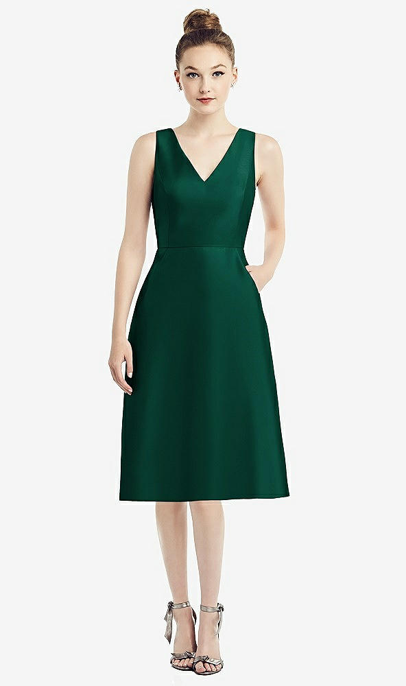 Front View - Hunter Green Sleeveless V-Neck Satin Midi Dress with Pockets