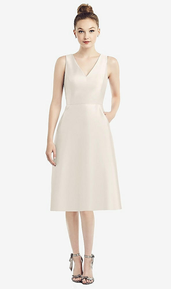 Front View - Ivory Sleeveless V-Neck Satin Midi Dress with Pockets