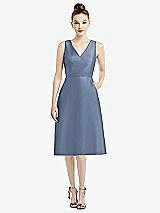 Front View Thumbnail - Larkspur Blue Sleeveless V-Neck Satin Midi Dress with Pockets