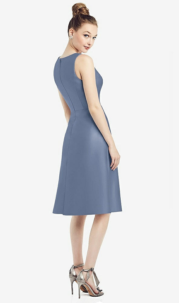 Back View - Larkspur Blue Sleeveless V-Neck Satin Midi Dress with Pockets