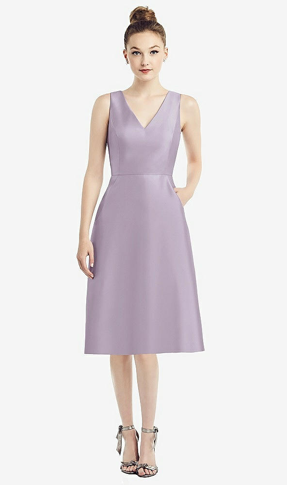 Front View - Lilac Haze Sleeveless V-Neck Satin Midi Dress with Pockets