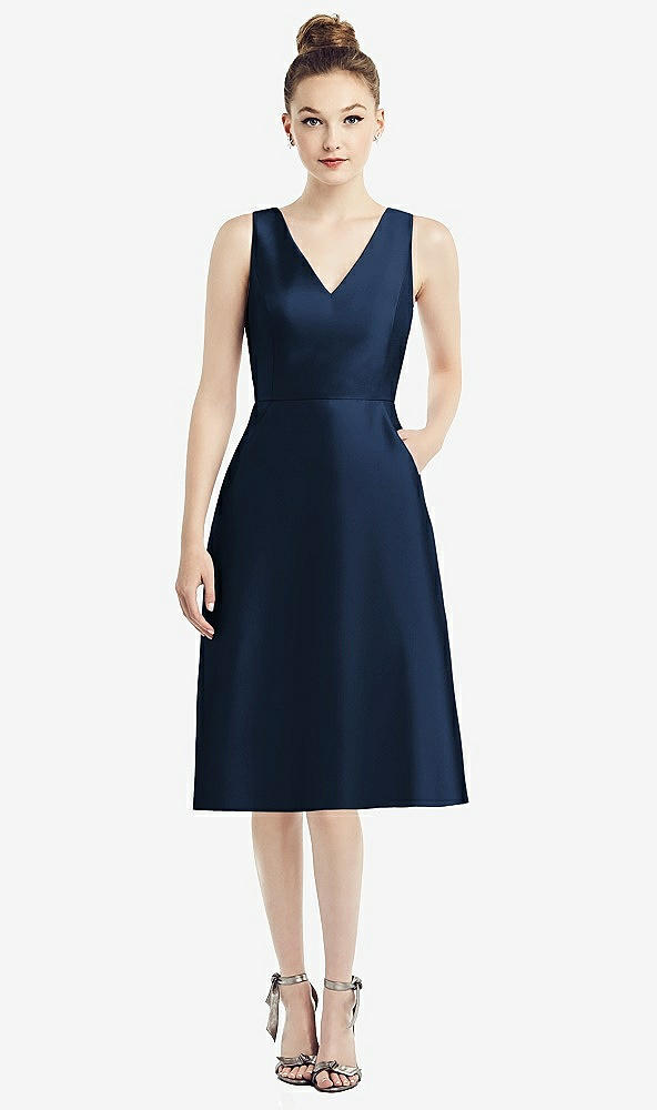 Front View - Midnight Navy Sleeveless V-Neck Satin Midi Dress with Pockets