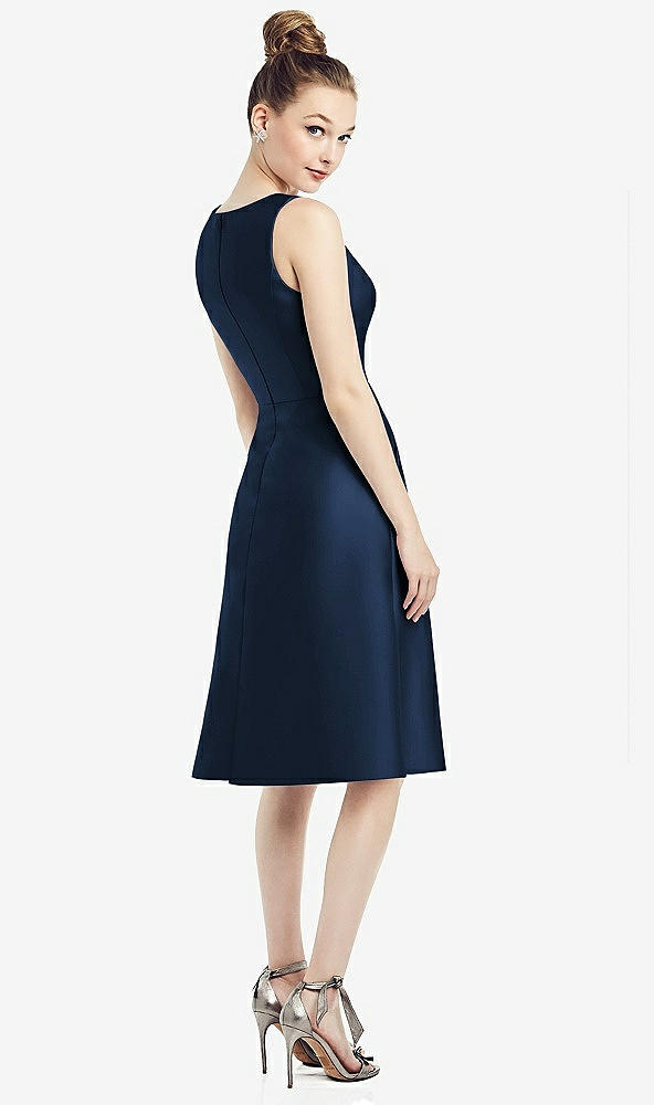 Back View - Midnight Navy Sleeveless V-Neck Satin Midi Dress with Pockets