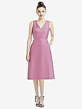 Front View Thumbnail - Powder Pink Sleeveless V-Neck Satin Midi Dress with Pockets