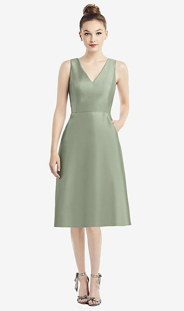 Front View - Sage Sleeveless V-Neck Satin Midi Dress with Pockets