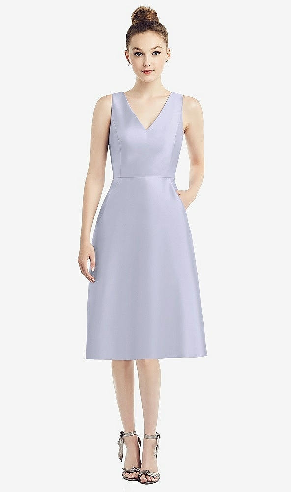 Front View - Silver Dove Sleeveless V-Neck Satin Midi Dress with Pockets