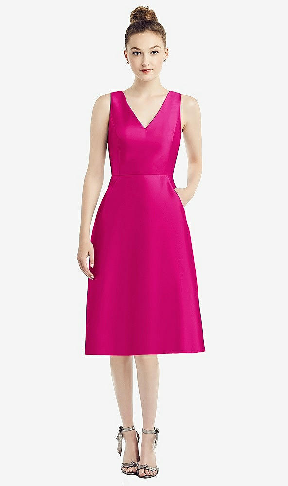Front View - Think Pink Sleeveless V-Neck Satin Midi Dress with Pockets