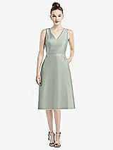 Front View Thumbnail - Willow Green Sleeveless V-Neck Satin Midi Dress with Pockets