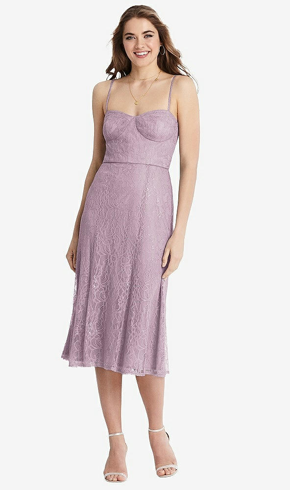 Front View - Suede Rose Lace Bustier Midi Dress with Spaghetti Straps