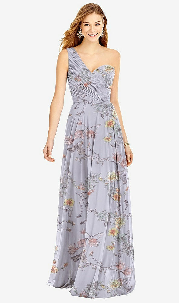 Front View - Butterfly Botanica Silver Dove One-Shoulder Draped Chiffon Maxi Dress - Dani