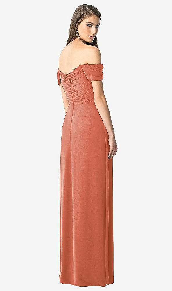 Back View - Terracotta Copper Off-the-Shoulder Ruched Chiffon Maxi Dress - Alessia