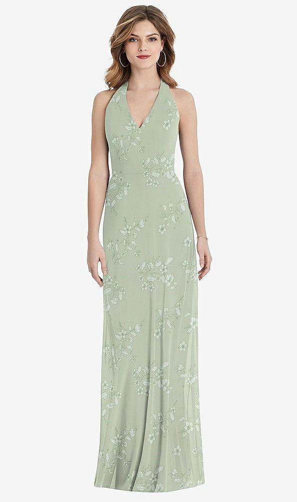 Back View - Vintage Primrose Sage V-Neck Halter Chiffon Maxi Dress - Taryn