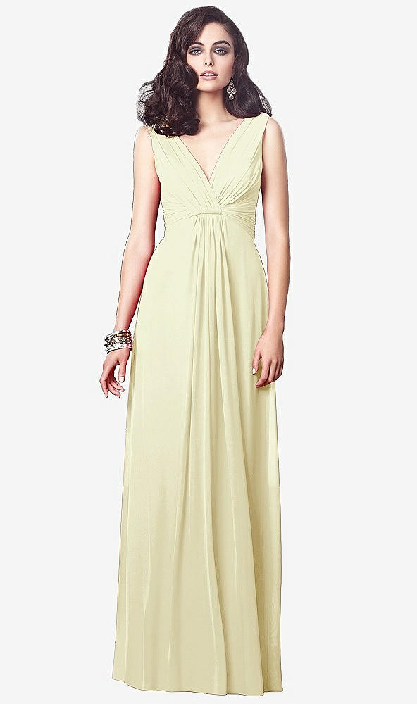 Front View - Butter Yellow Draped V-Neck Shirred Chiffon Maxi Dress