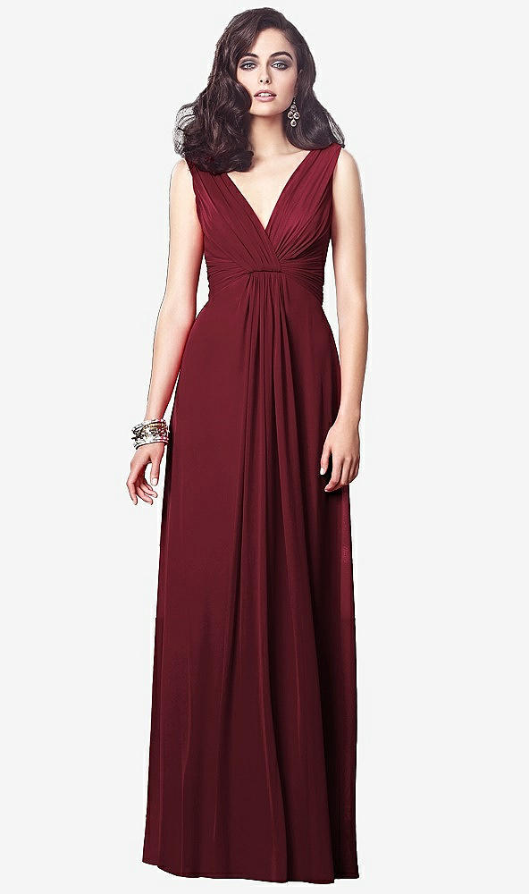 Front View - Cabernet Draped V-Neck Shirred Chiffon Maxi Dress