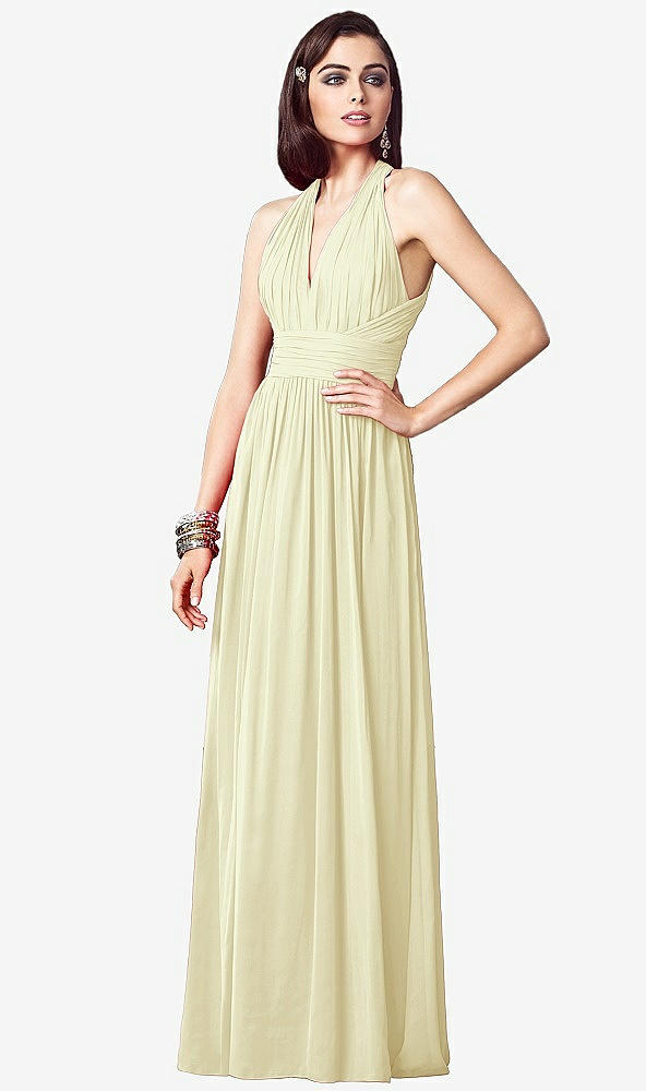 Front View - Butter Yellow Ruched Halter Open-Back Maxi Dress - Jada