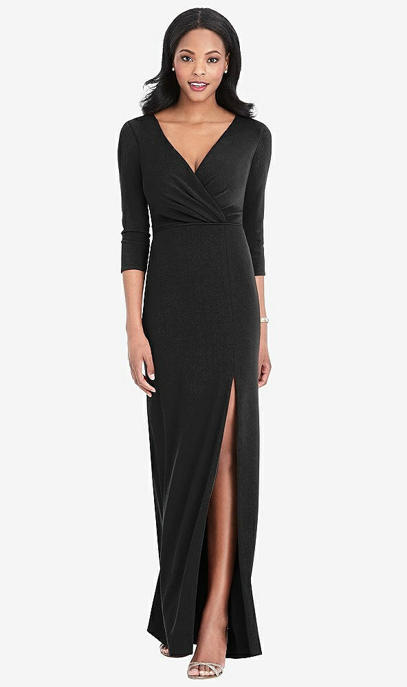 Front View - Black 3/4 Sleeve V-Back Draped Wrap Maxi Dress - Yara